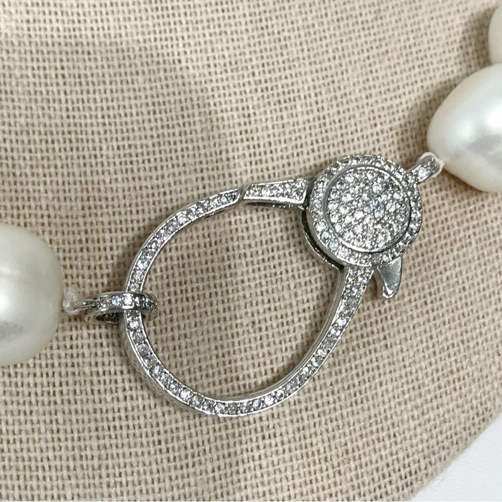 Real 14mm Pearl Necklace Large CZ Clasp Pave Crystal 21" Hand Knotted Chunky VTG - Picture 12 of 15
